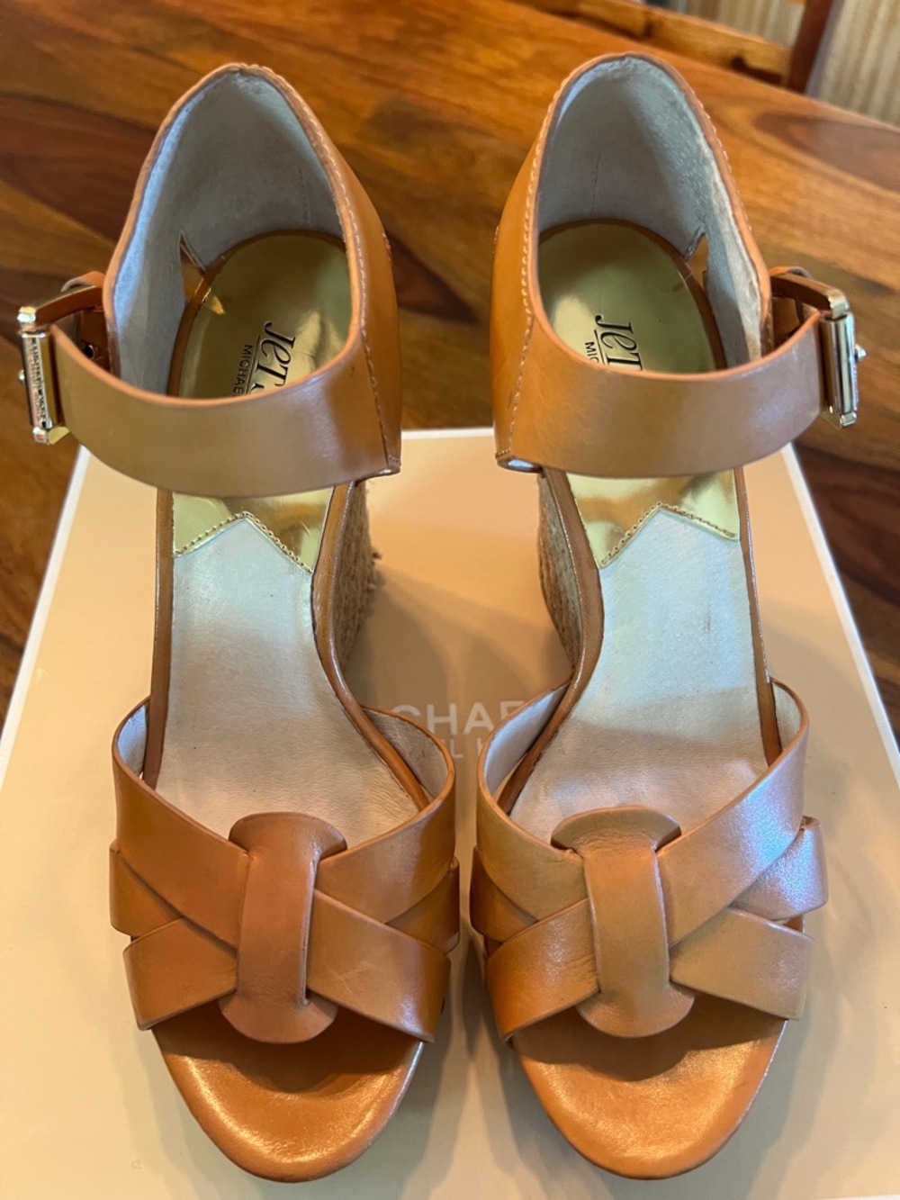 MICHAEL Michael Kors Tan Leather Wedge Sandals with Ankle Strap